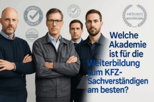 Gruppe seriöser KFZ-Sachverständiger mit Prüfzeichen wie „Geprüfte Qualität“ und „Anerkannte Weiterbildung“ neben der Frage: Welche Akademie ist für die Weiterbildung zum KFZ-Sachverständigen am besten?